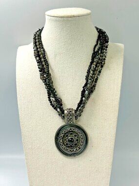 3/$30 Black Grey Beaded Necklace Round Medallion Multistrand Boho Chic